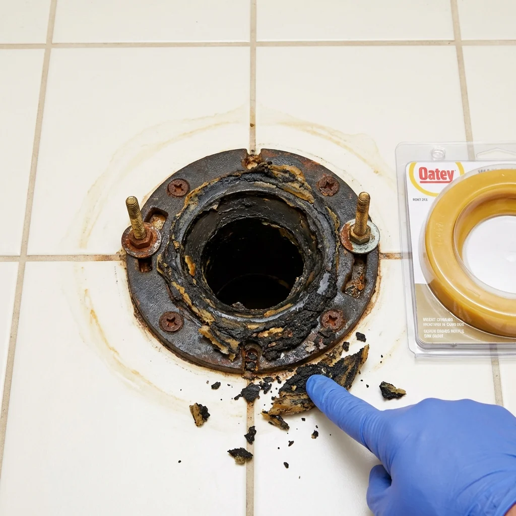 Failed wax ring showing water seepage at the base of a toilet in a Knoxville, IL home