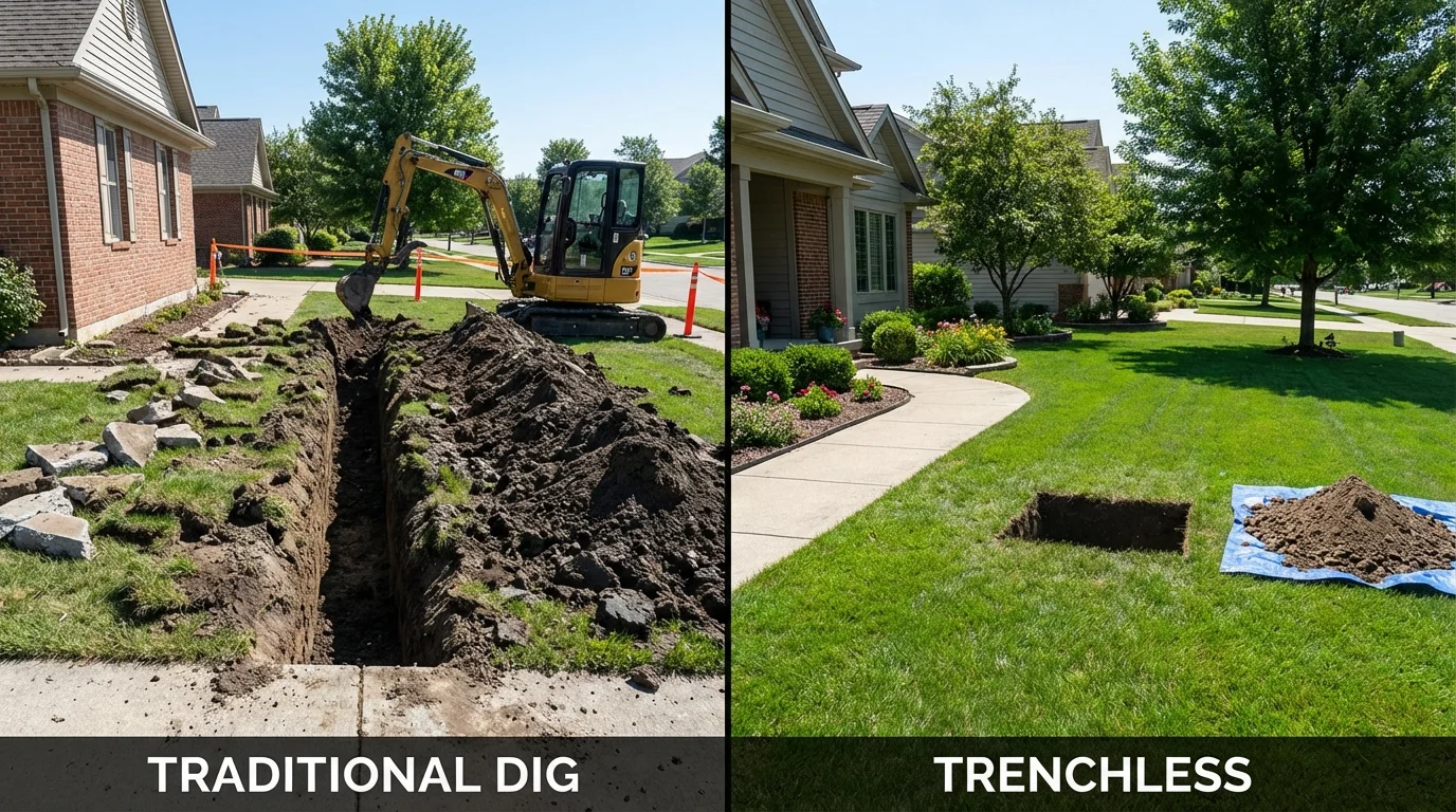 Trenchless sewer repair with minimal yard damage versus traditional excavation in Knoxville, IL